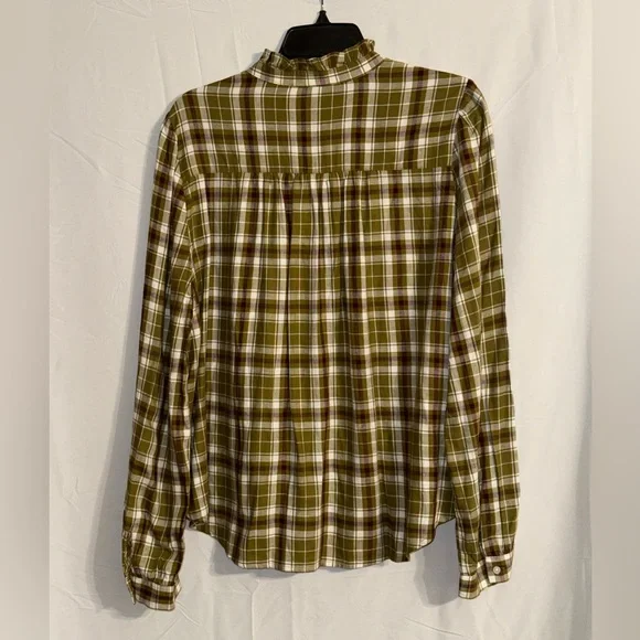 NWT LOFT Olive Plaid Long Sleeve Ruffled Blouse Size Large - Picture 5 of 9